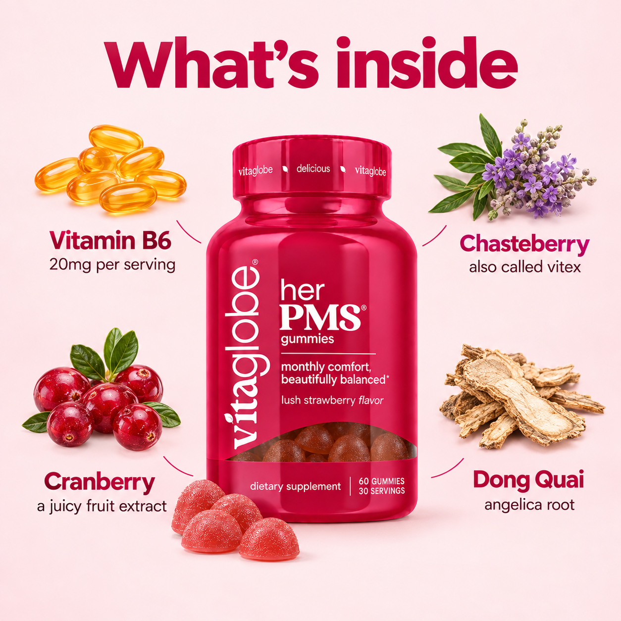 What's inside Vita Globe Her PMS Gummies: Vitamin B6 20mg per serving, Chasteberry (vitex), Cranberry and Dong Quai (angelica root)