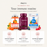 Immunity Trio, your immune routine: vitamin C, elderberry with C and zinc, and zinc with vitamin D and echinacea gummies
