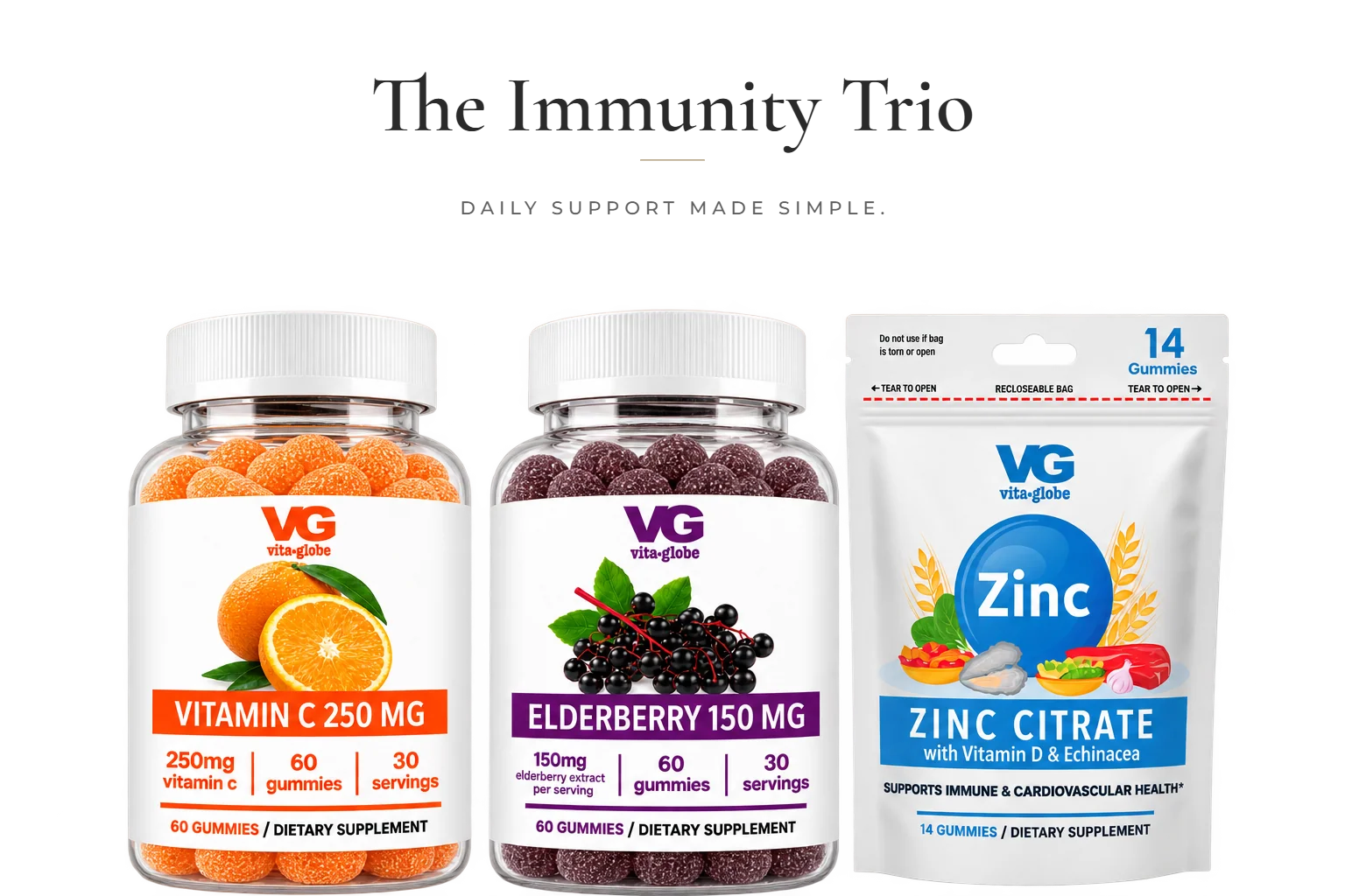 Vita Globe Immunity Trio: Vitamin C, Elderberry, and Zinc Citrate gummies