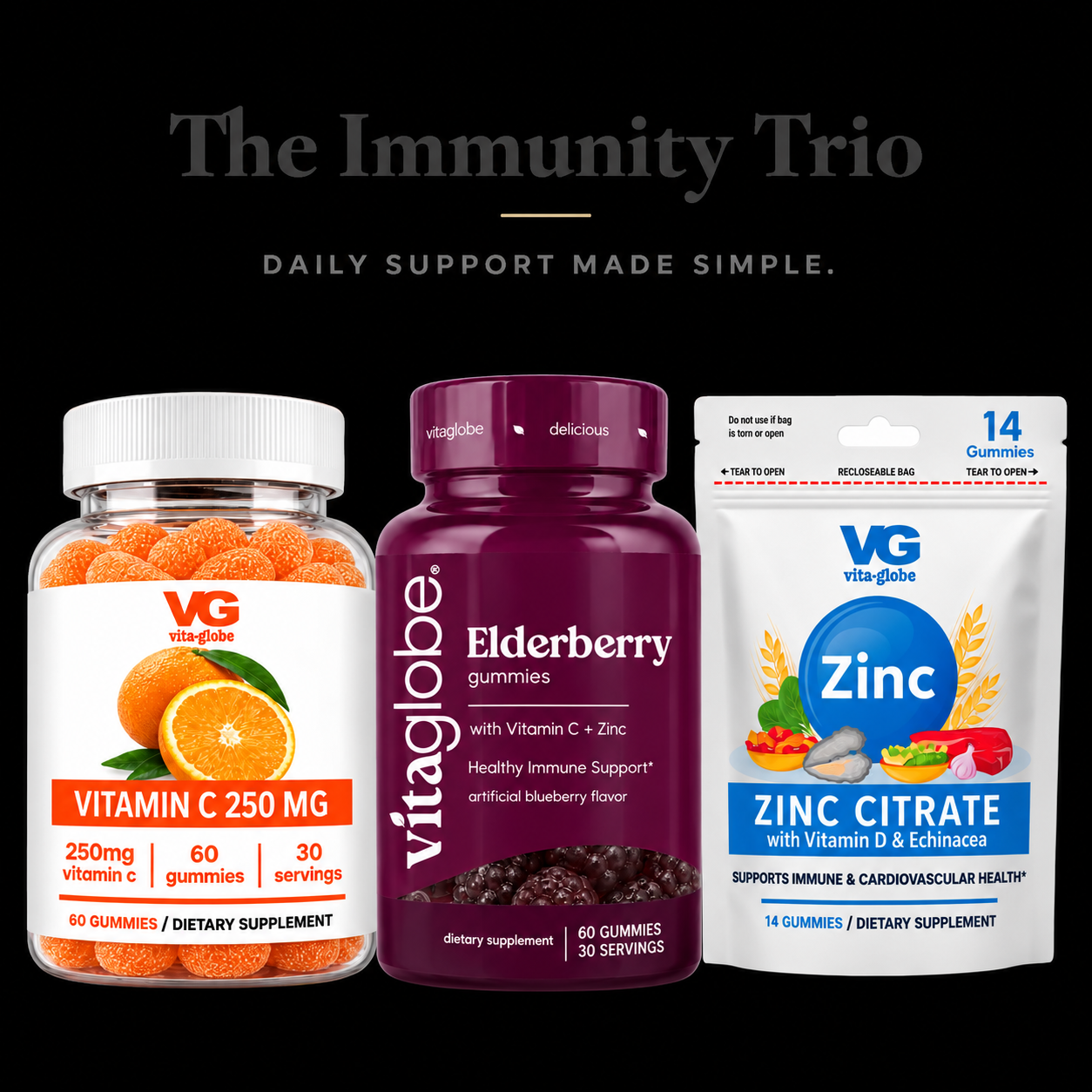 Vita Globe Immunity Trio: Vitamin C 250mg gummies, new Elderberry gummies with Vitamin C and Zinc, and Zinc Citrate gummies pouch