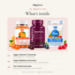 What's inside the Vita Globe Immunity Trio: Vegan Vitamin C 250mg, new-label Vegan Elderberry with vitamin C and zinc, and Zinc Citrate gummies pouch