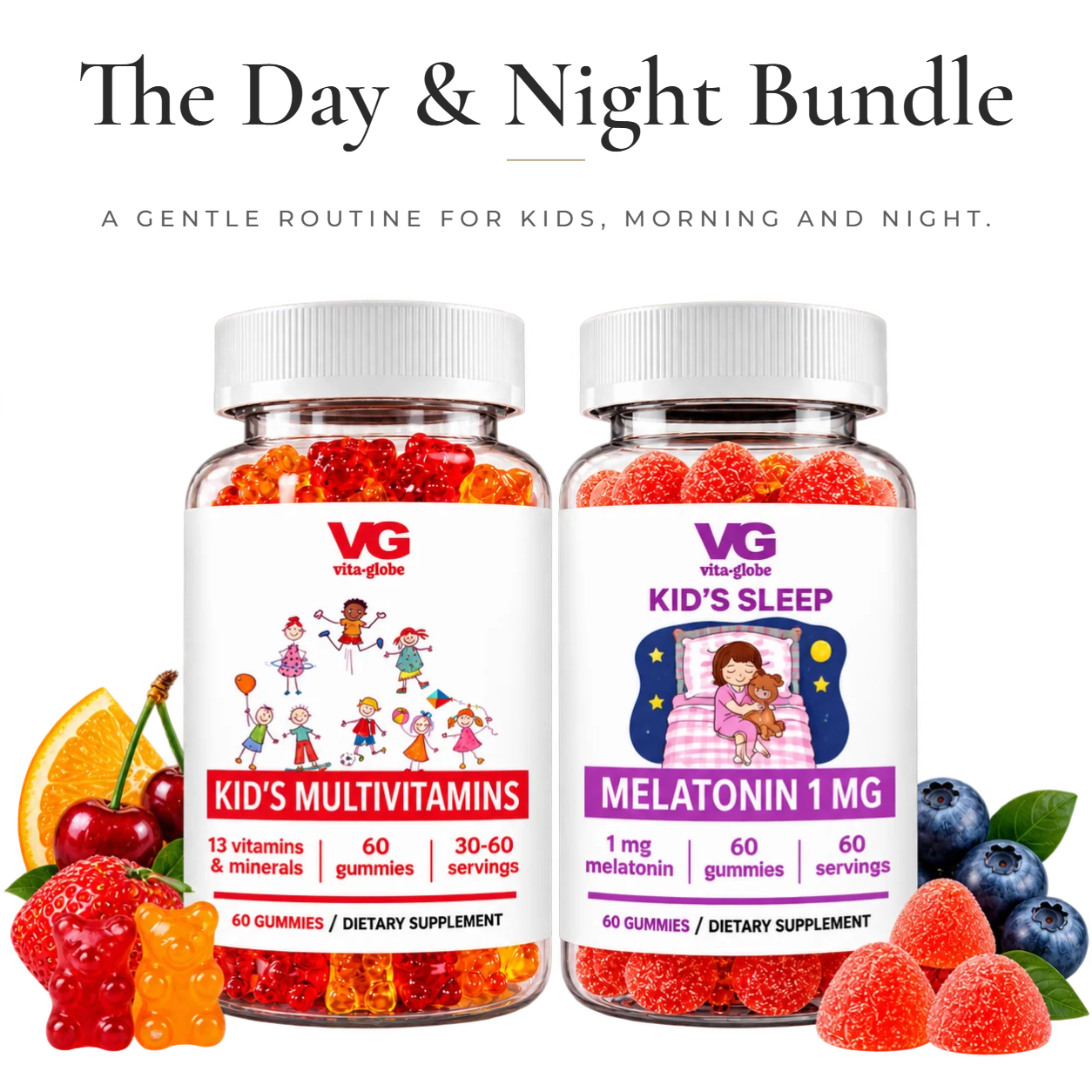 Vita Globe Day & Night Bundle: Kid's Multivitamins and Kid's Sleep Melatonin 1 mg gummies