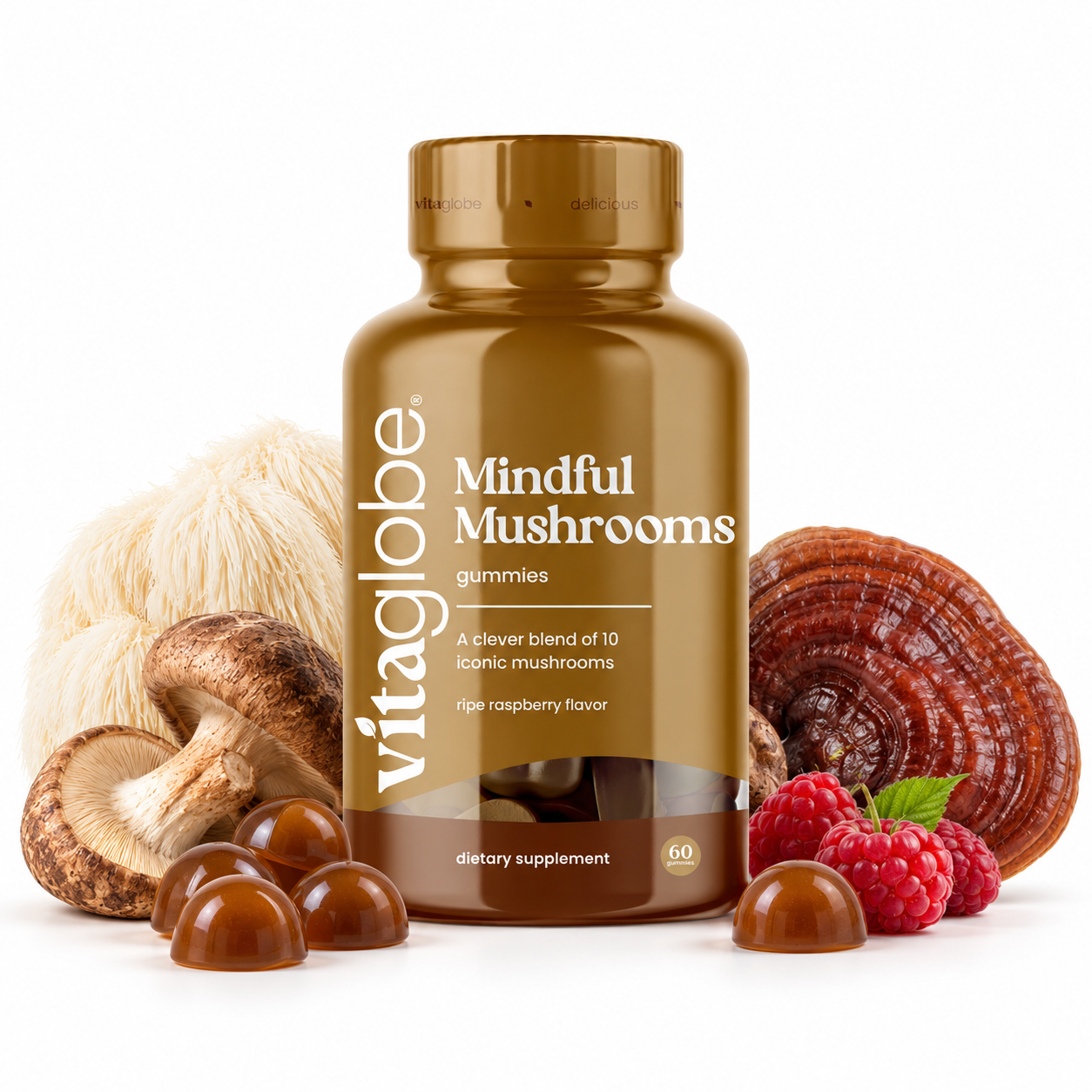 Vita Globe Mindful Mushrooms gummies bottle with amber-brown raspberry gummies, lion's mane, reishi and shiitake mushrooms and fresh raspberries