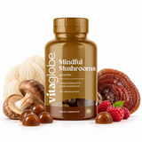 Vita Globe Mindful Mushrooms gummies bottle with amber-brown raspberry gummies, lion's mane, reishi and shiitake mushrooms and fresh raspberries