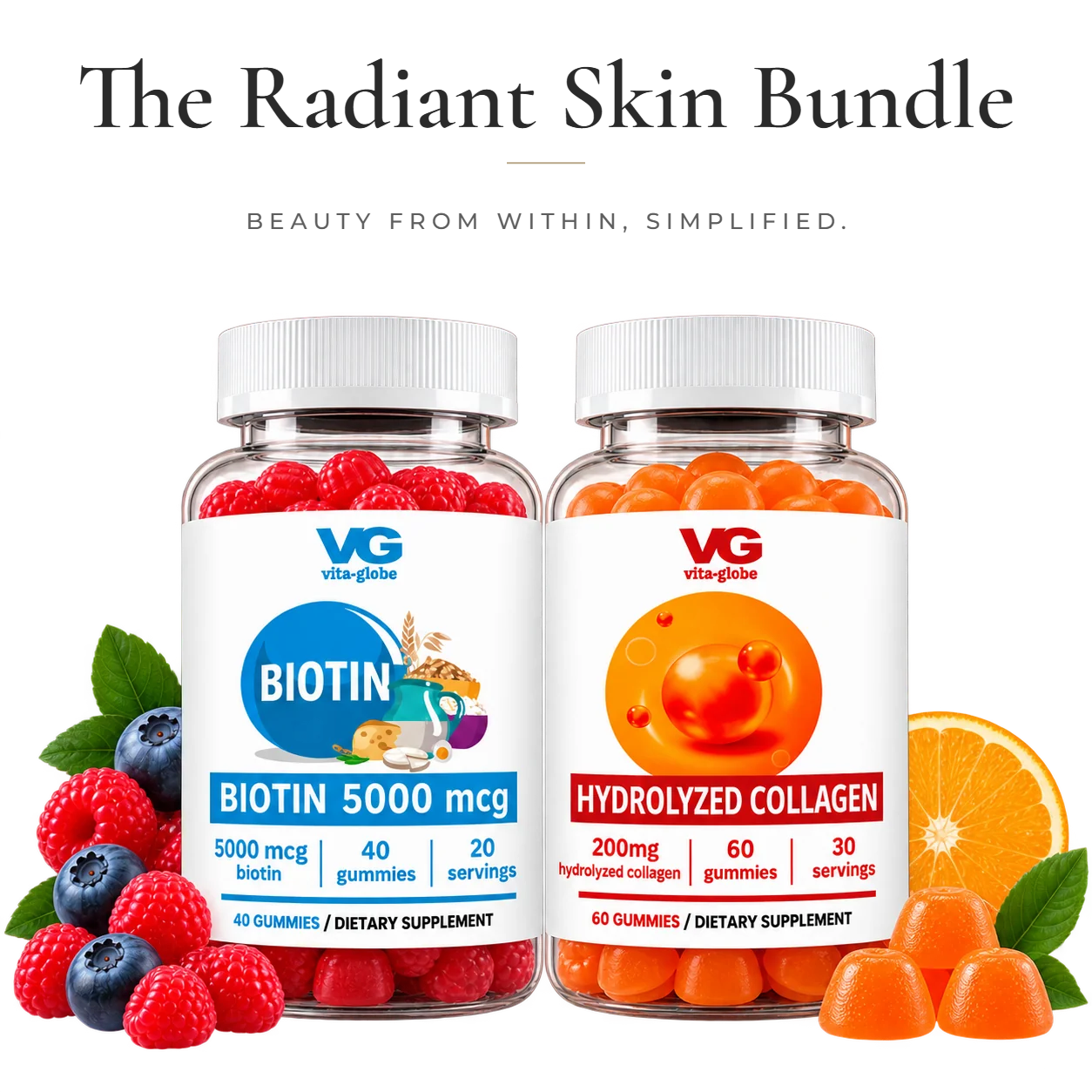 Vita Globe Radiant Skin Bundle: Biotin 5000 mcg and Hydrolyzed Collagen gummies