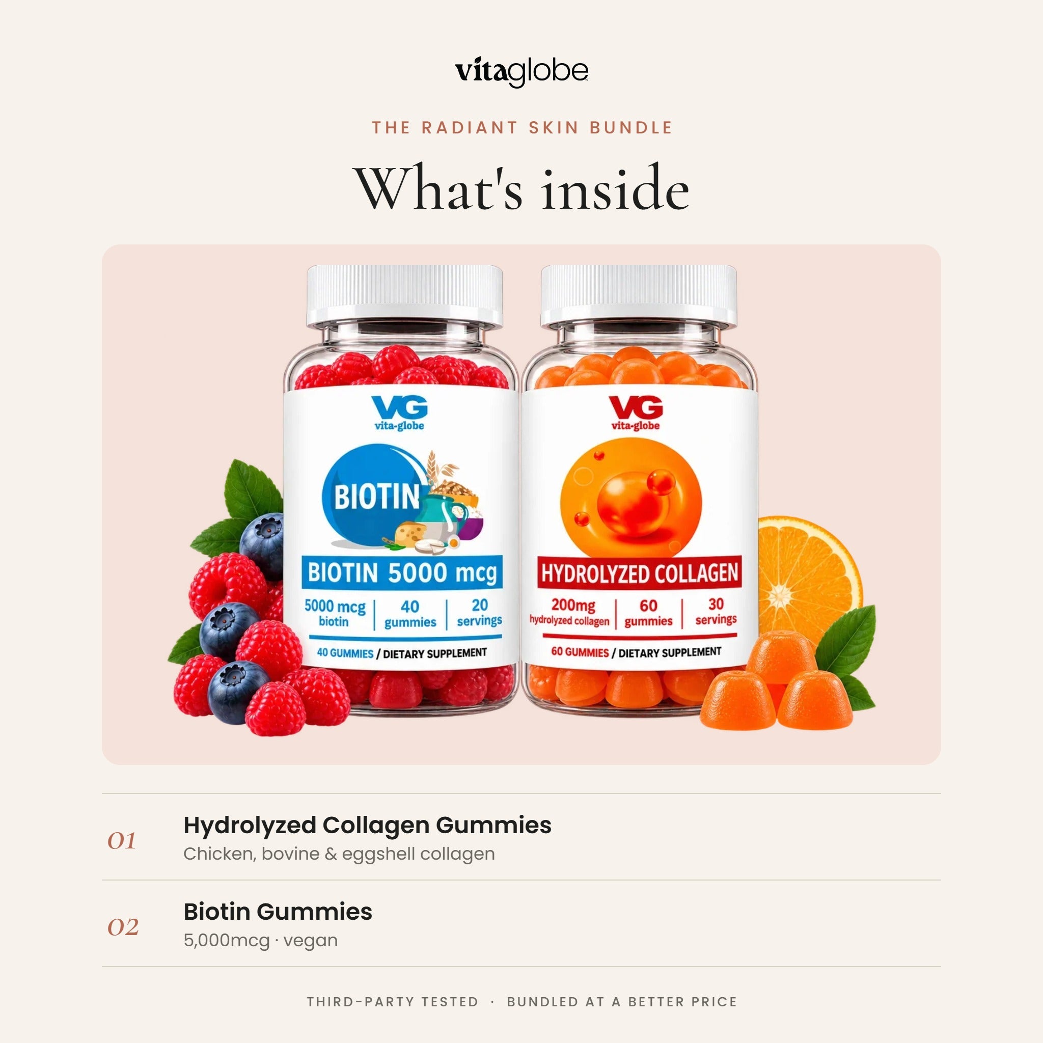 What's inside the Vita Globe Radiant Skin Bundle: Hydrolyzed Collagen and Biotin 5,000mcg gummies