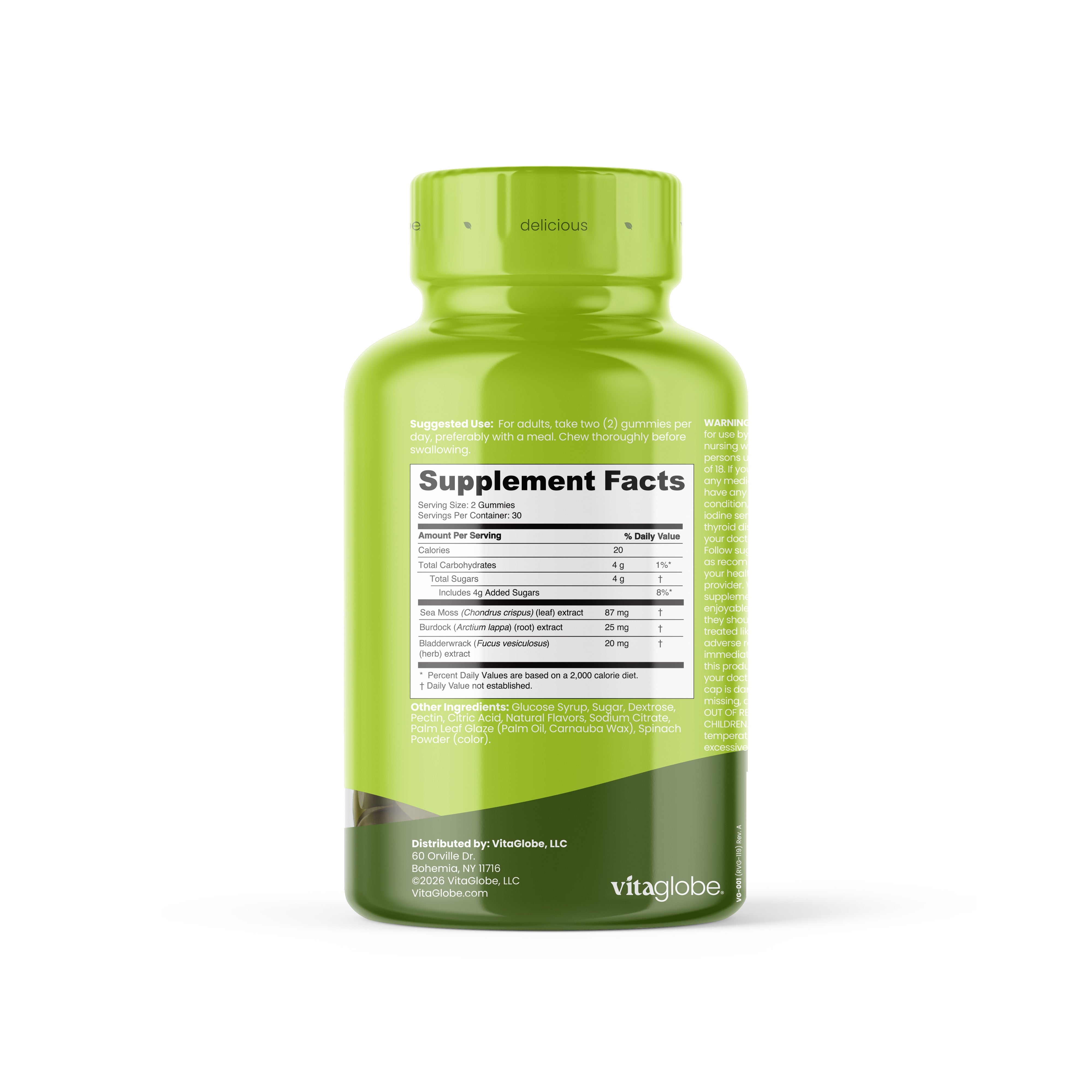 Vita Globe Sea Moss Supplement Facts: 87mg Sea Moss, 25mg Burdock Root and 20mg Bladderwrack extracts per 2-gummy serving, 30 servings