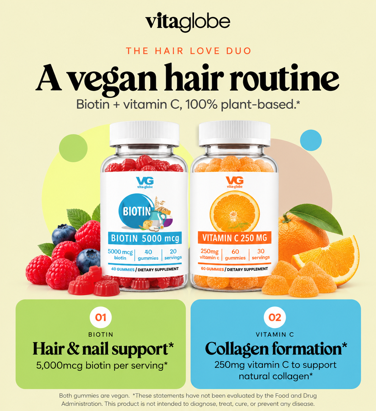 The Hair Love Duo: biotin 5000mcg plus vitamin C 250mg, both vegan