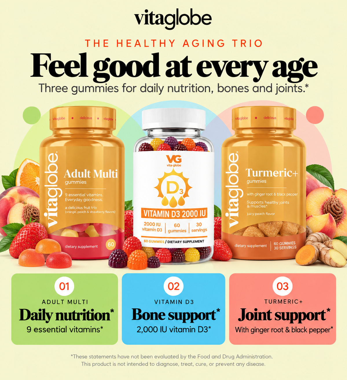 The Healthy Aging Trio: adult multivitamin, vitamin D3 2,000 IU and turmeric gummies