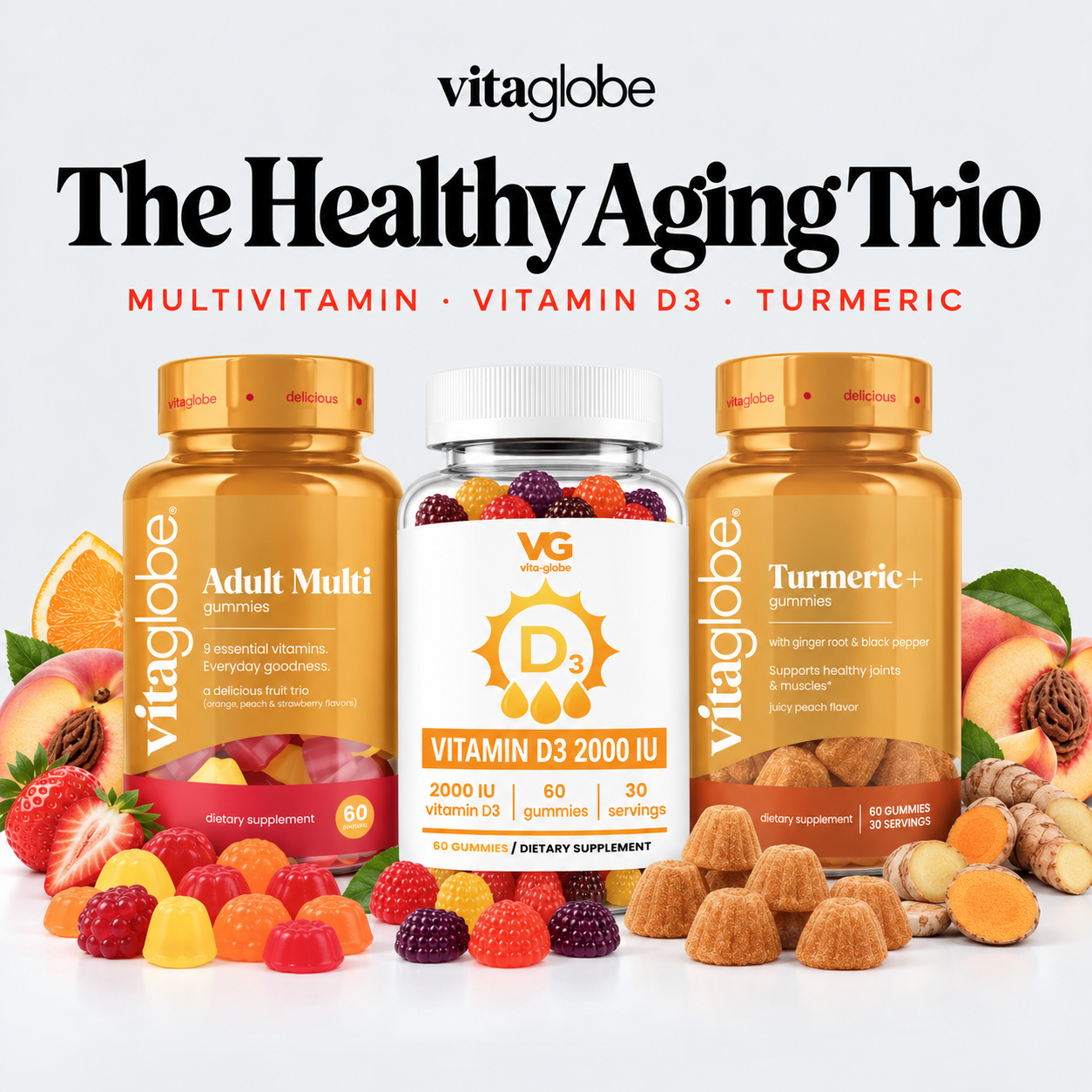 Vita Globe The Healthy Aging Trio with Adult Multivitamin, Vitamin D3 2000 IU and Turmeric+ gummies