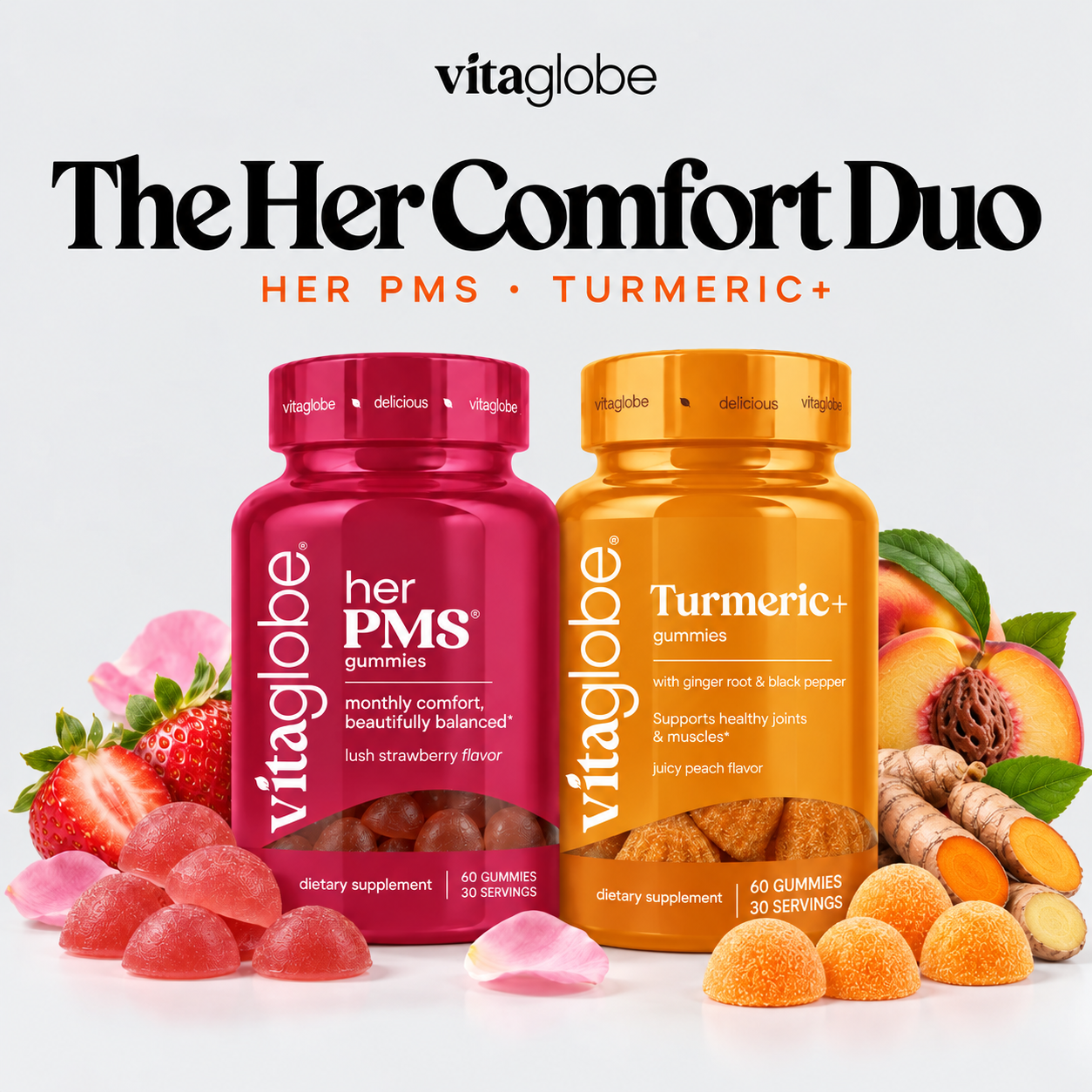 The Her Comfort Duo: Vita Globe Her PMS and Turmeric gummies