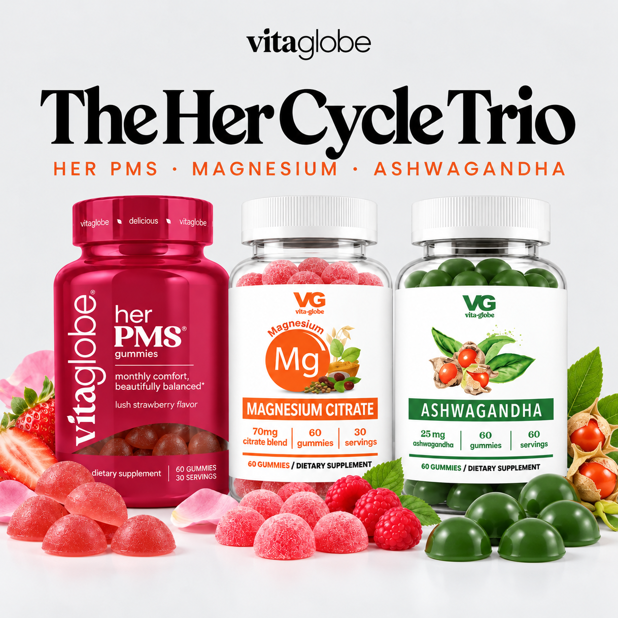 The Her Cycle Trio: Vita Globe Her PMS, Magnesium Citrate and Ashwagandha gummies