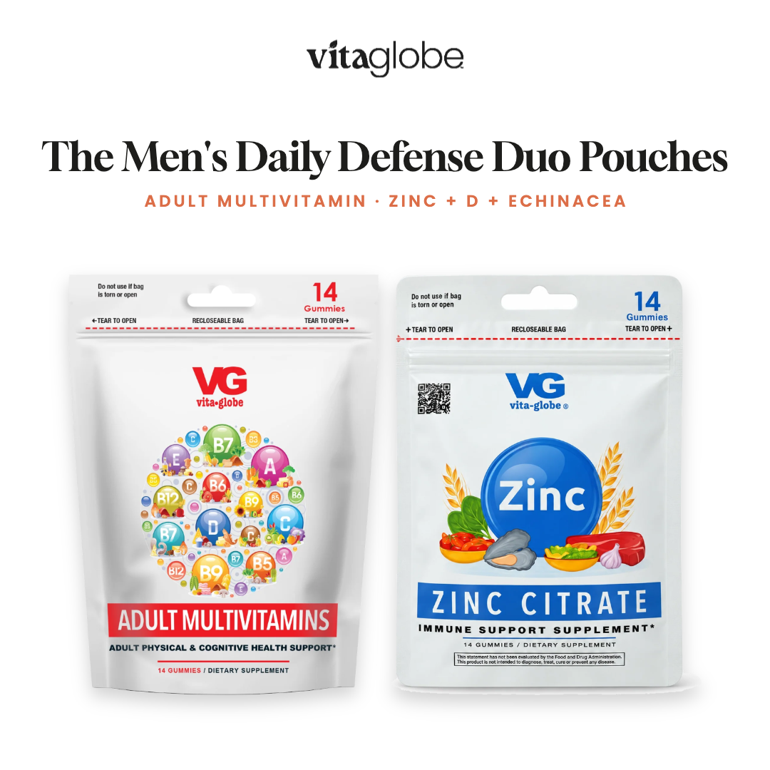 Vita Globe The Men's Daily Defense Duo Pouches: Adult Multivitamin and Zinc + D + Echinacea gummy pouches