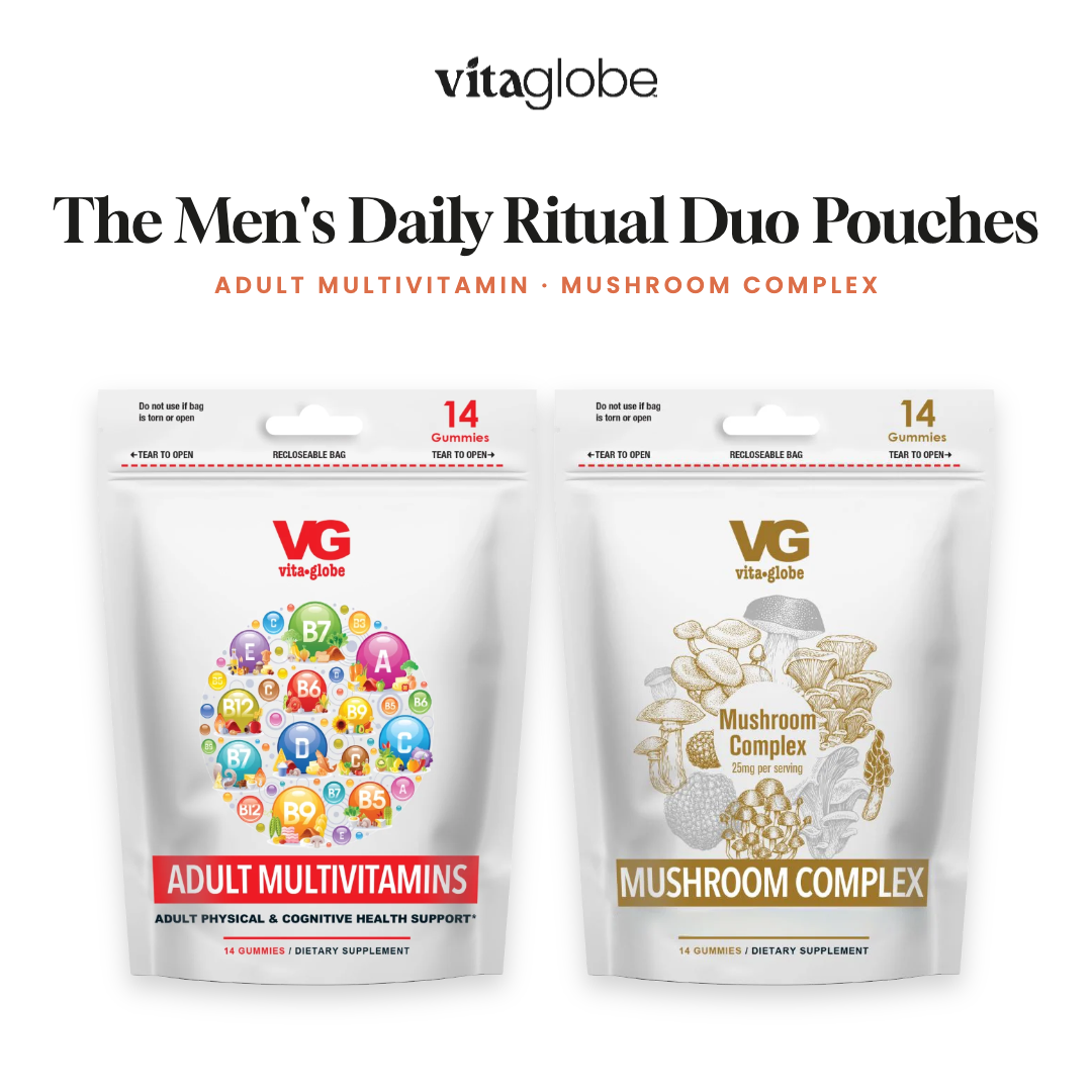 Vita Globe The Men's Daily Ritual Duo Pouches: Adult Multivitamin and Mushroom Complex gummy pouches