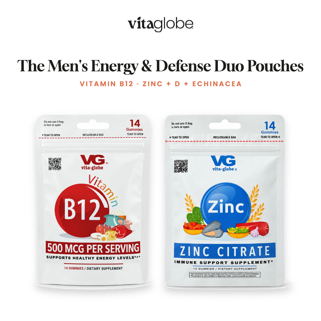 Vita Globe The Men's Energy & Defense Duo Pouches: Vitamin B12 and Zinc + D + Echinacea gummy pouches