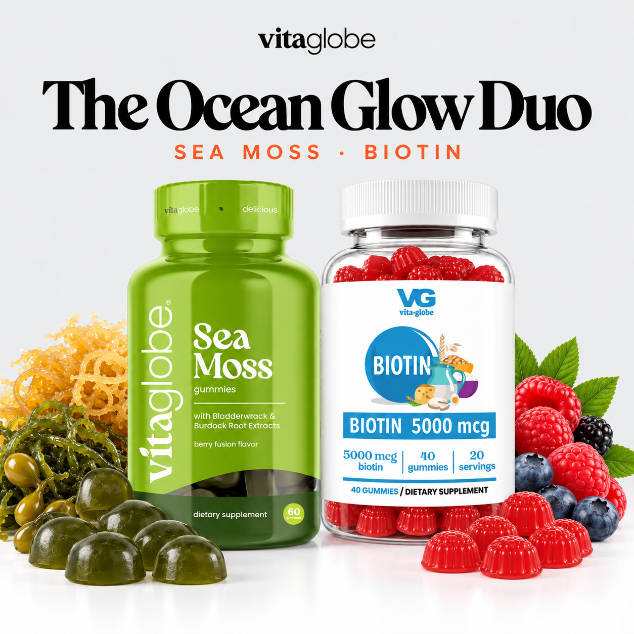 The Ocean Glow Duo: Vita Globe Sea Moss and Biotin gummies