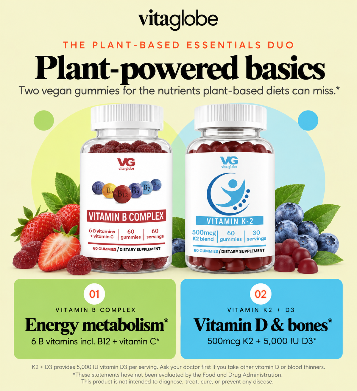 The Plant-Based Essentials Duo: vitamin B complex and vitamin K2 + D3 gummies