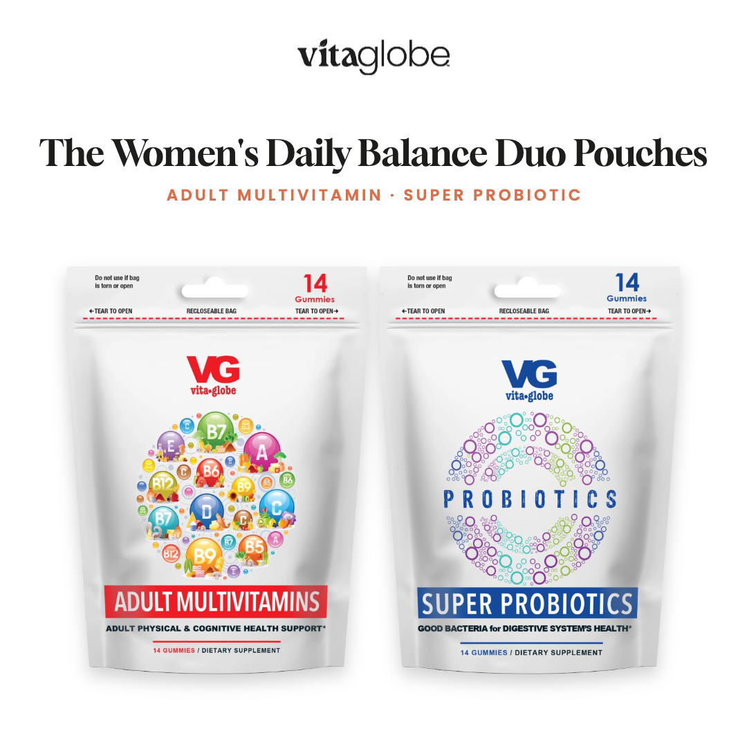 Vita Globe The Women's Daily Balance Duo Pouches: Adult Multivitamin and Super Probiotic gummy pouches