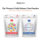 Vita Globe The Women's Daily Balance Duo Pouches: Adult Multivitamin and Super Probiotic gummy pouches