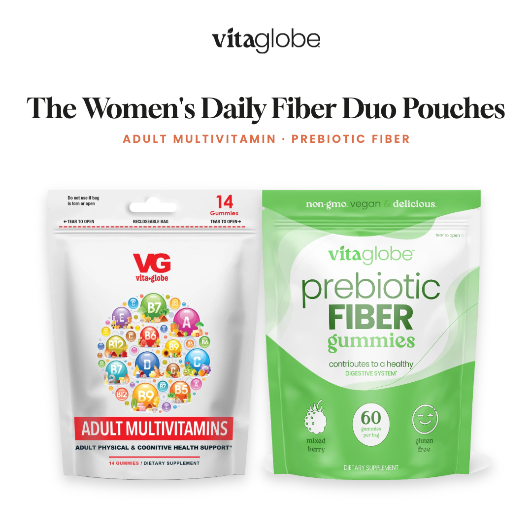 Vita Globe The Women's Daily Fiber Duo Pouches: Adult Multivitamin and Prebiotic Fiber gummy pouches