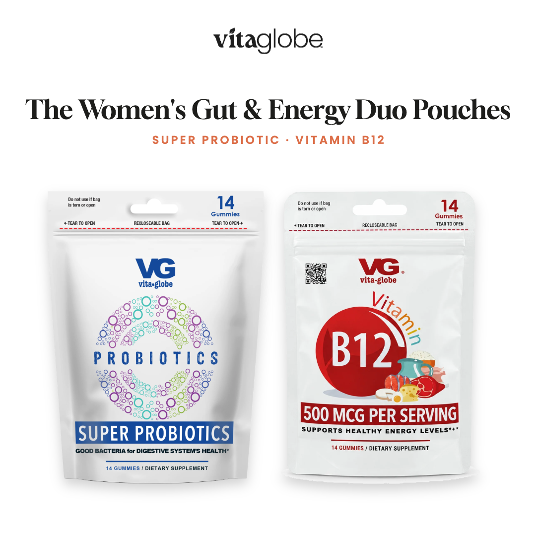 Vita Globe The Women's Gut & Energy Duo Pouches: Super Probiotic and Vitamin B12 gummy pouches