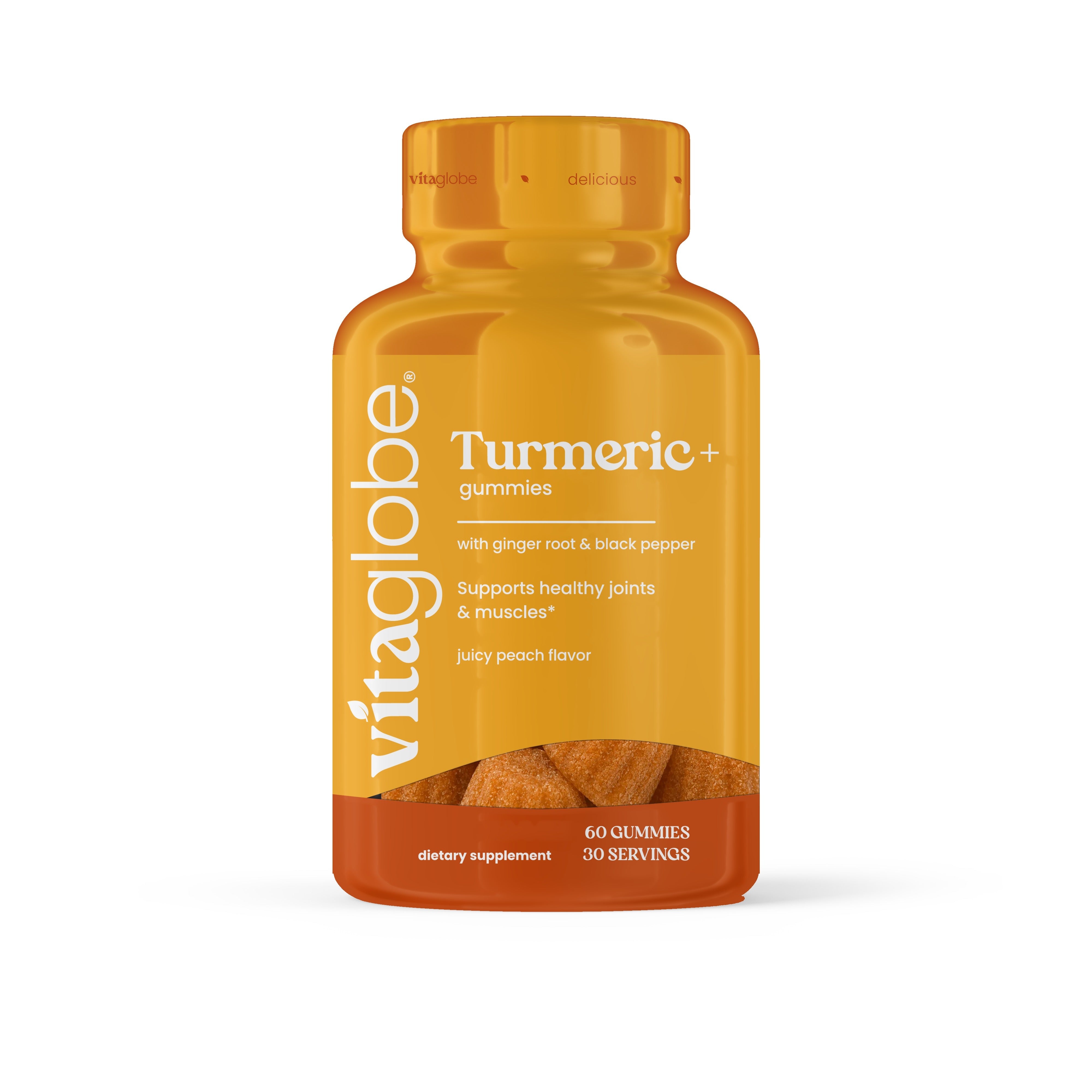 Vita Globe Turmeric+ Gummies with ginger root & black pepper, juicy peach flavor, 60 gummies / 30 servings, front view