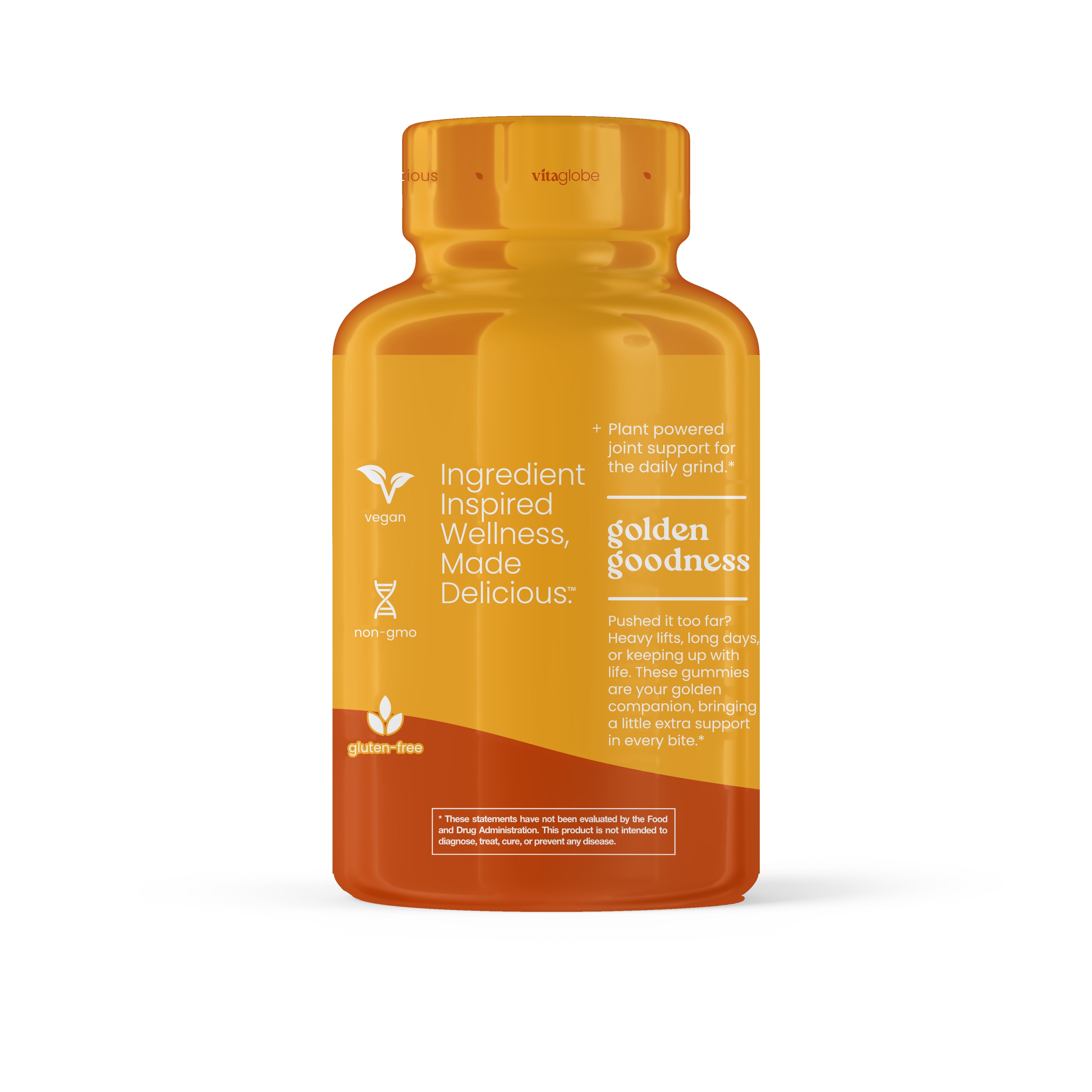 Vita Globe Turmeric+ Gummies bottle side view - vegan, non-GMO, gluten-free, golden goodness