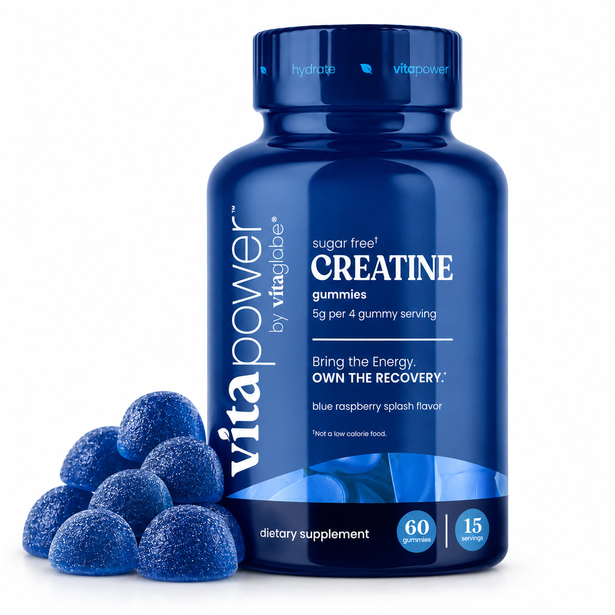 A bottle of vita power by vita globe Creatine gummies in blue raspberry splash flavor, shown with several blueberry-shaped gummies on a white background.
