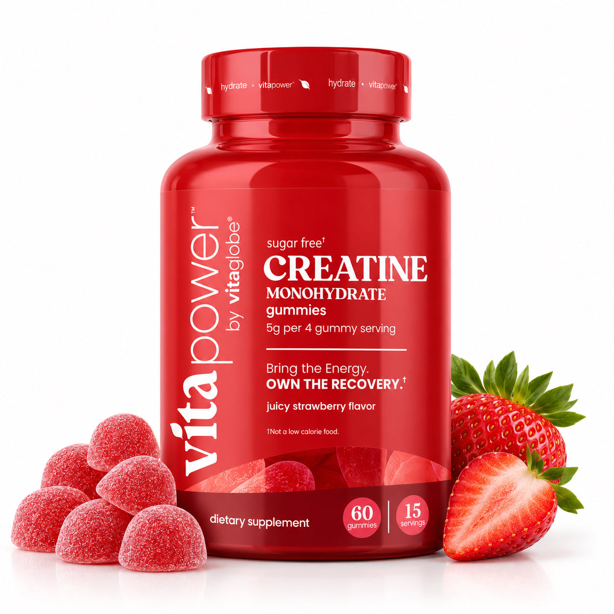 A red bottle of vita power Creatine Monohydrate gummies, flanked by fresh strawberries and sugar-coated gummies on a clean white background.