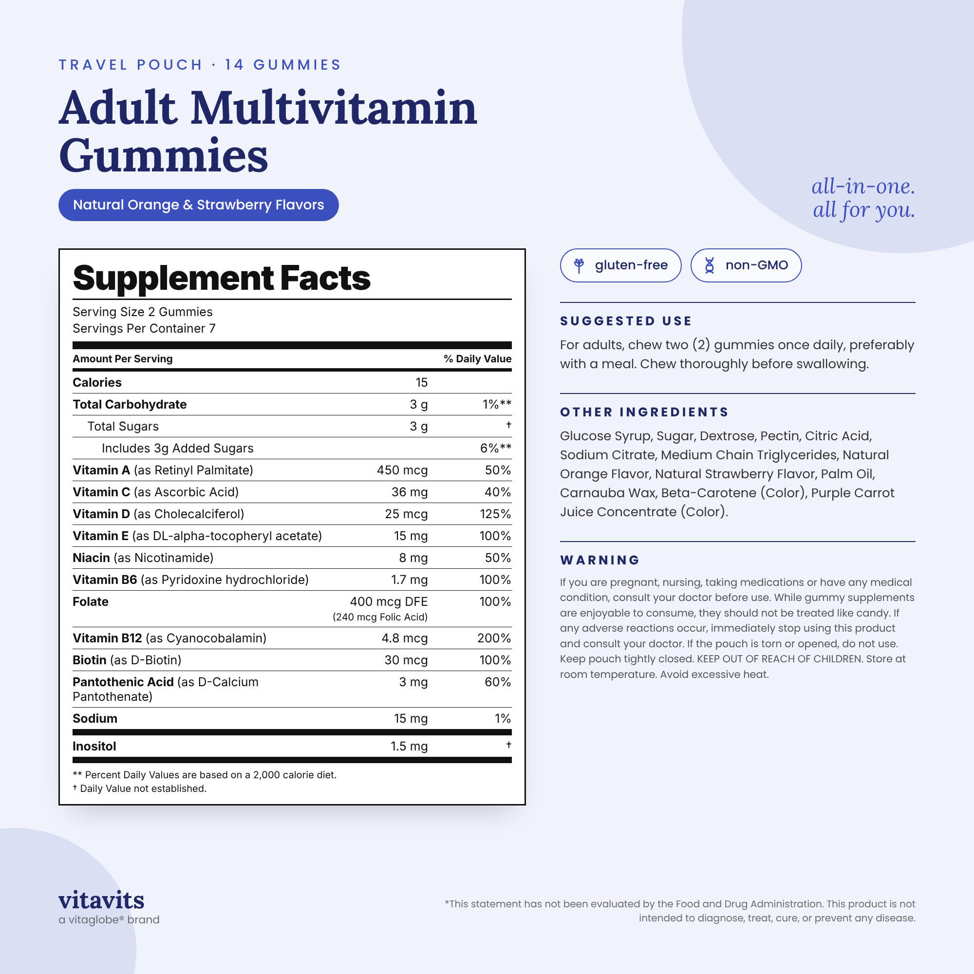 Vitavits Adult Multivitamin Gummies pouch Supplement Facts, suggested use, other ingredients and warnings