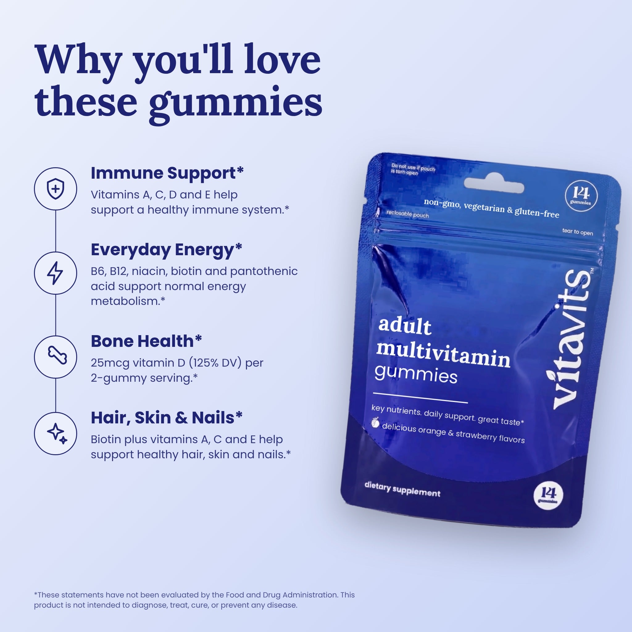 Why you'll love Vitavits Adult Multivitamin Gummies: immune support, everyday energy, bone health, hair skin and nails