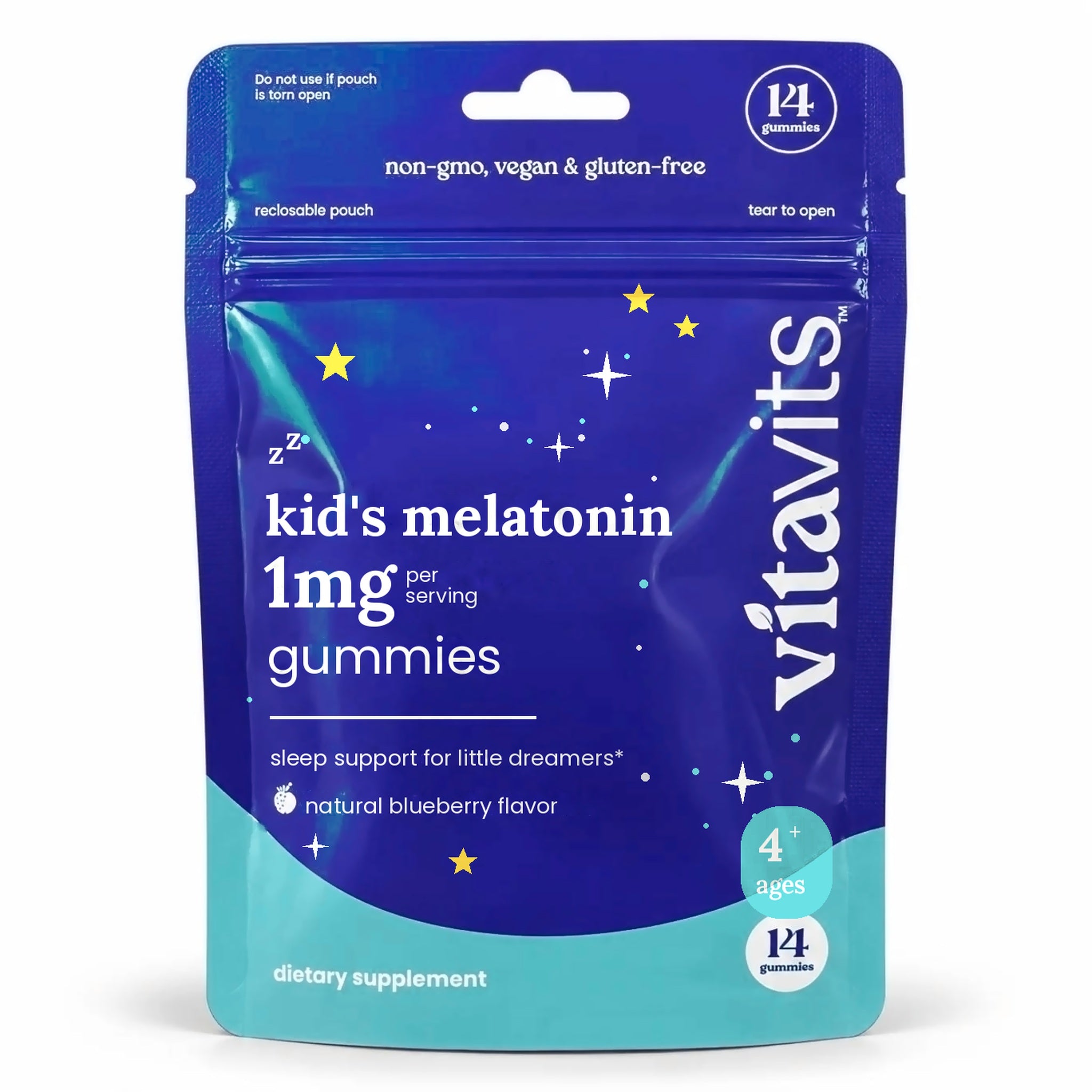 Vitavits Kids' Melatonin 1mg Gummies 14-count travel pouch, natural blueberry flavor, ages 4+
