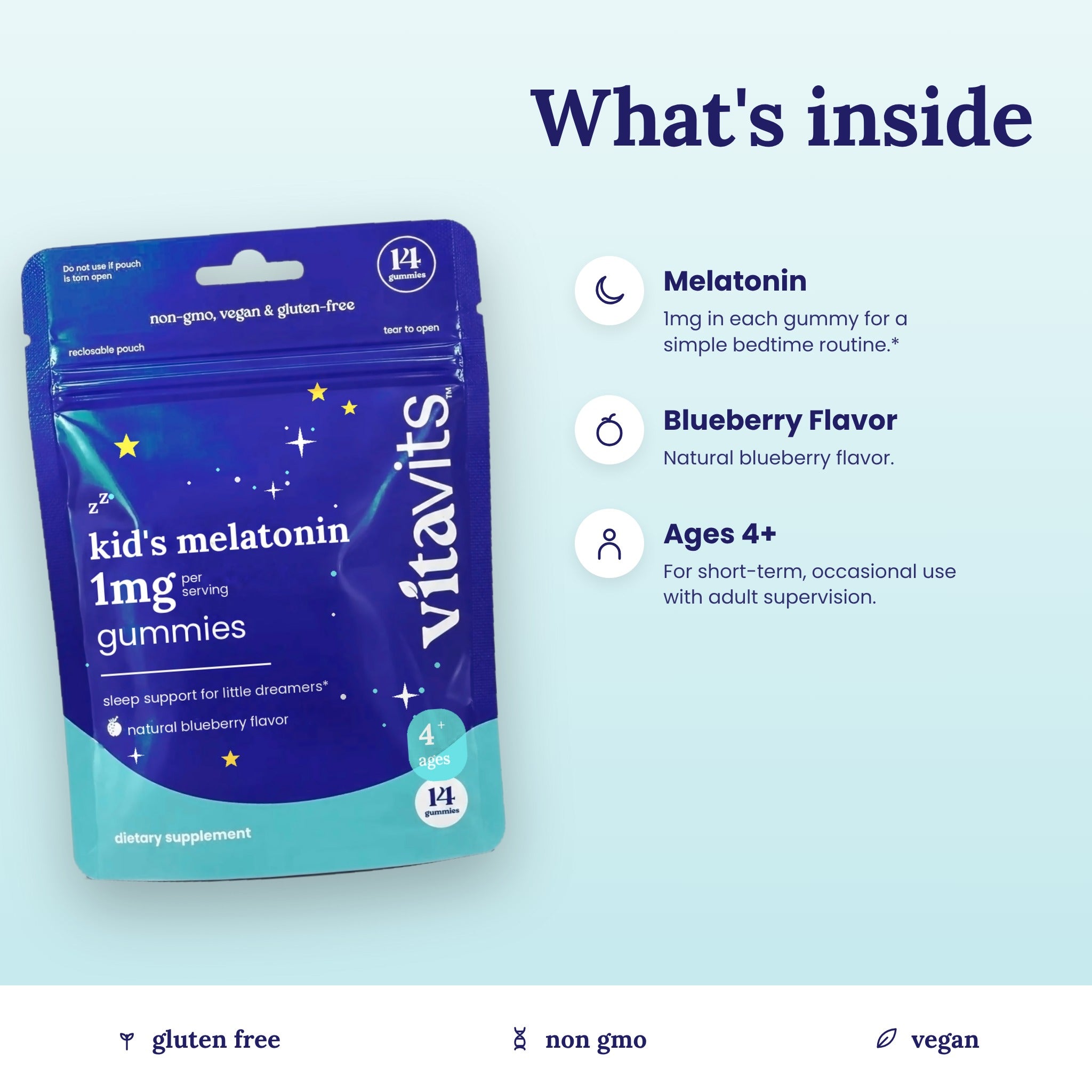What's inside Vitavits Kids' Melatonin Gummies: 1mg melatonin, blueberry flavor, ages 4+; gluten free, non-GMO, vegan