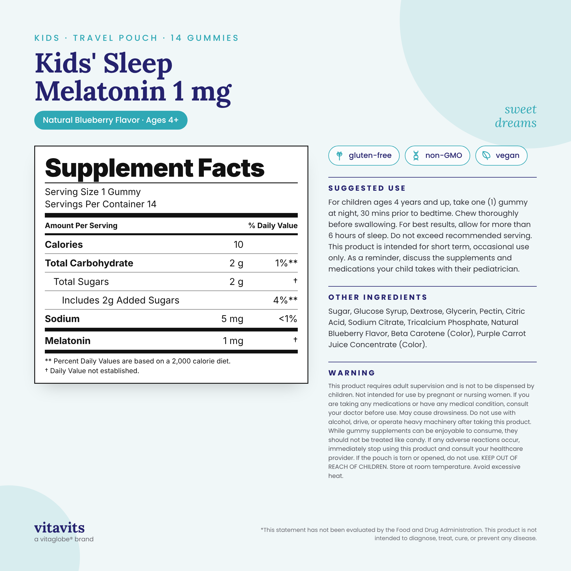 Vitavits Kids' Melatonin 1mg Gummies pouch Supplement Facts, suggested use, other ingredients and warnings