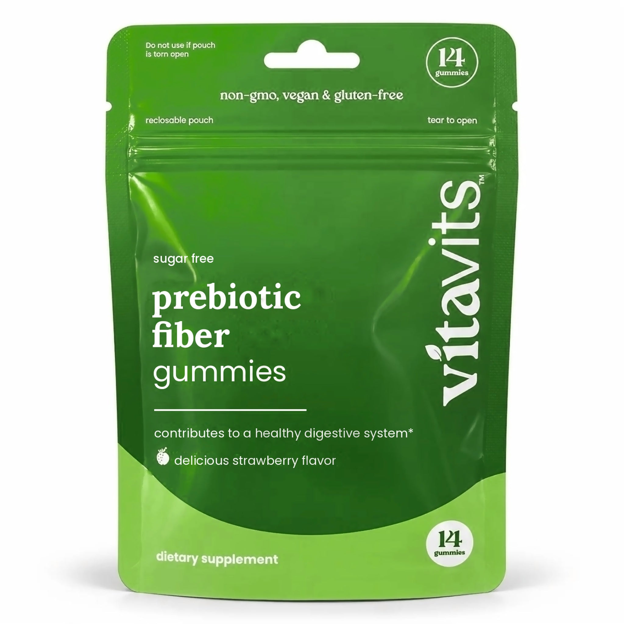 Vitavits Prebiotic Fiber Gummies 14-count travel pouch, sugar free, natural strawberry flavor