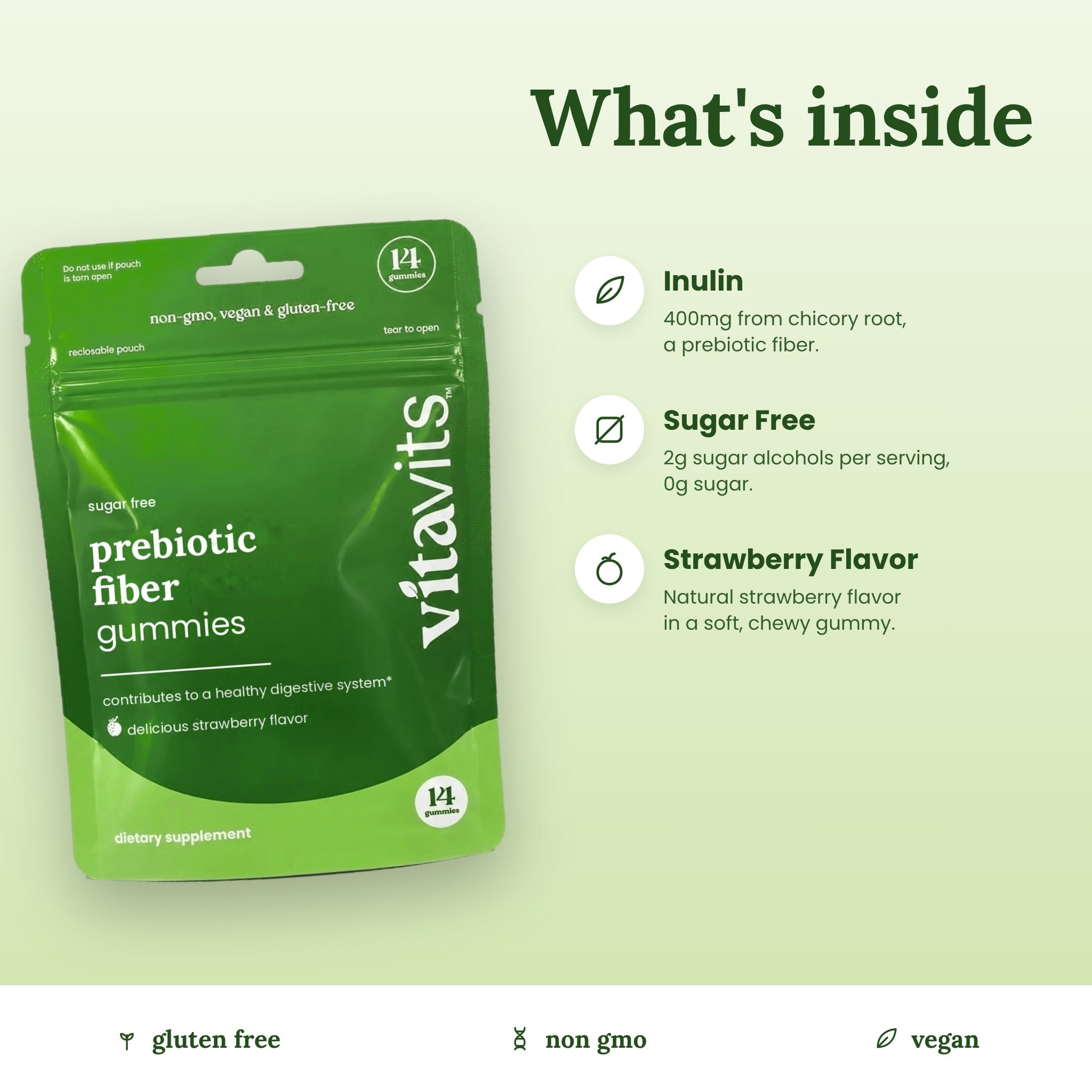 What's inside Vitavits Prebiotic Fiber Gummies: inulin from chicory root, sugar free, strawberry flavor; gluten free, non-GMO, vegan