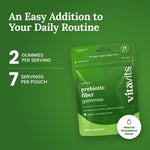 Vitavits Prebiotic Fiber pouch: 2 gummies per serving, 7 servings per pouch, natural strawberry flavor