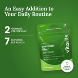 Vitavits Prebiotic Fiber pouch: 2 gummies per serving, 7 servings per pouch, natural strawberry flavor