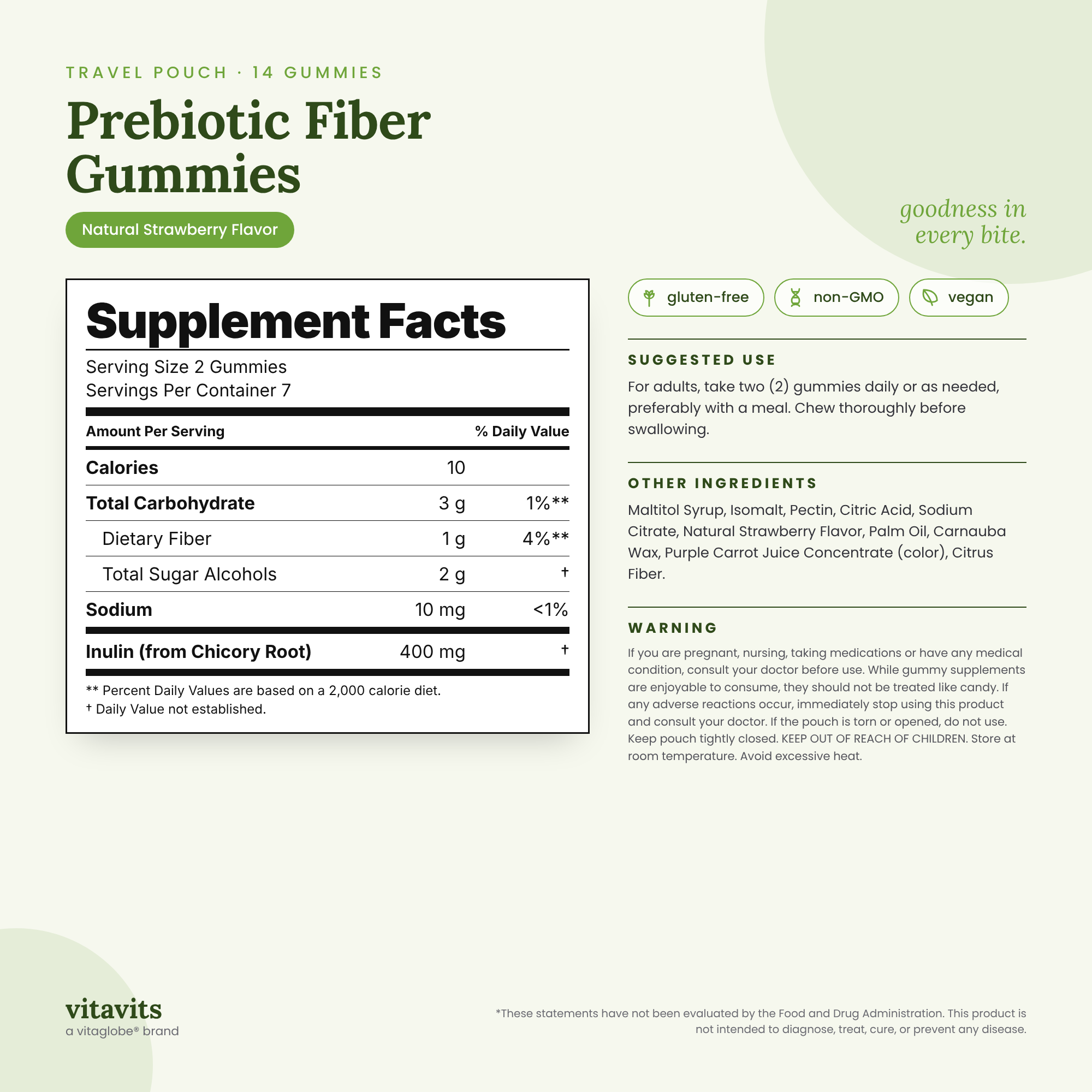 Vitavits Prebiotic Fiber Gummies pouch Supplement Facts, suggested use, other ingredients and warnings