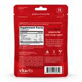 Back of vitavits Vitamin B12 pouch with Supplement Facts: 500 mcg B12 per 2-gummy serving, 7 servings