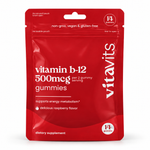 vitavits Vitamin B12 Gummies 500mcg 14-count red travel pouch, raspberry flavor, a Vita Globe brand