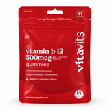 vitavits Vitamin B12 Gummies 500mcg 14-count red travel pouch, raspberry flavor, a Vita Globe brand