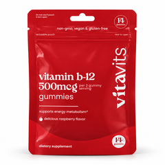 vitavits Vitamin B12 Gummies 500mcg 14-count red travel pouch, raspberry flavor, a Vita Globe brand